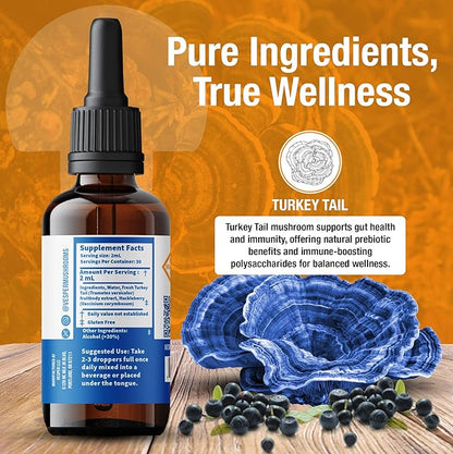 Vesper Turkey Tail Mushroom Liquid Extract - Double Extraction with Wild Huckleberries for Gut Health, Immune Boost, Prebiotic Benefits, USA-Grown, for Digestive & Immune Wellness – 2oz