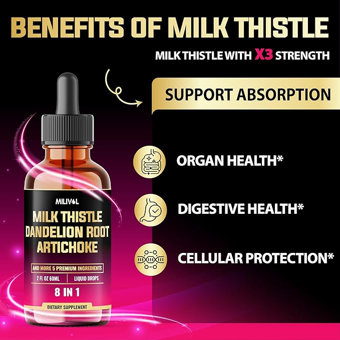 8in1 Milk Thistle Liquid Drops with Dandelion Root Extract, Artichoke Tincture, Turmeric Curcumin, Schisandra Berry, Chanca Piedra, Peppermint and Beet Root - 60 Days Supply - 2 Fl Oz