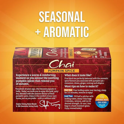 Twinings Pumpkin Spice Chai Black Tea Individually Wrapped Bags | 20 Count (Pack of 6), Warm, Spicy & Aromatic, Caffeinated