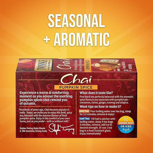 Twinings Pumpkin Spice Chai Black Tea Individually Wrapped Bags | 20 Count (Pack of 6), Warm, Spicy & Aromatic, Caffeinated