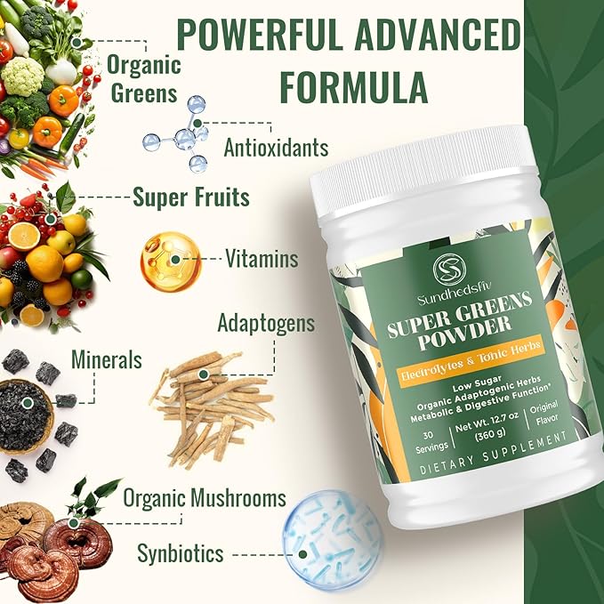 Super Greens Powder Superfood + Electrolytes & Tonic Herbs | Organic Greens, Shilajit, Adaptogens, Antioxidants, Preobiotic & Probiotic & Postbiotic| for Energy, Gut & Immune| Unflavored - 30 Servings