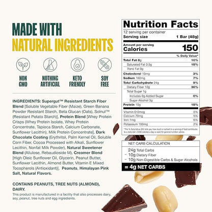 Supergut GLP-1 Boosting Prebiotic Bars, Peanut Butter Chocolate - Gut Healthy Protein Snacks & Breakfast Bars - Keto-Friendly Meal Replacement Energy Bars for Gut Health (12 Count)