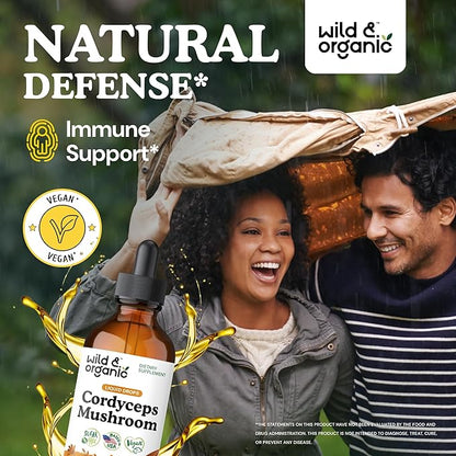 Wild & Organic Cordyceps Tincture - Cordyceps Sinensis Mushroom Extract for Immune & Energy Support - Liquid Mushroom Supplement - Vegan, Sugar & Alcohol-Free Drops - 4 fl oz