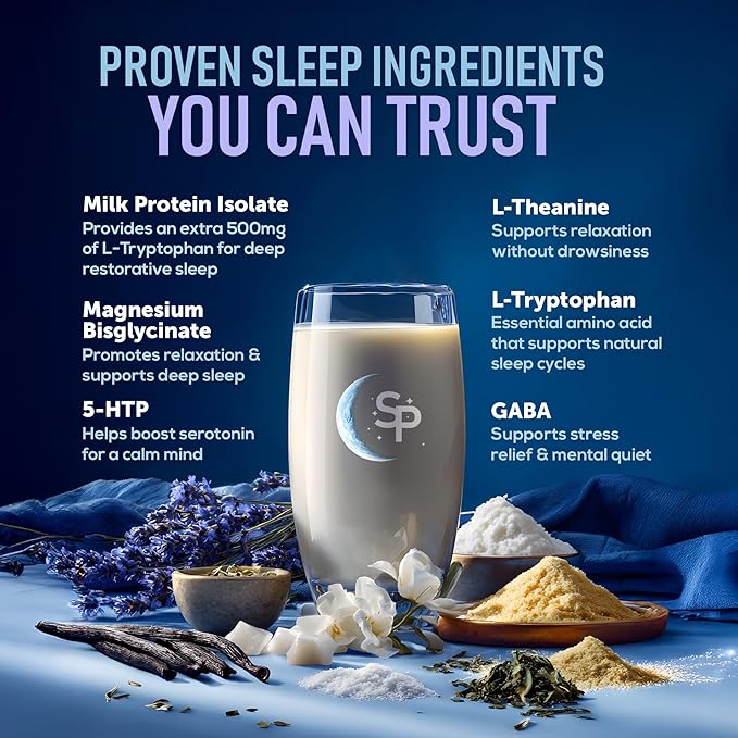 Sleep Protein™ Nighttime Sleep Drink, Melatonin-Free Sleep Aid, with 20g Milk Protein Isolate, Magnesium, GABA, L-Theanine, L-Tryptophan & 5-HTP, Vanilla Lavender, Calming Sleep + Muscle Recovery