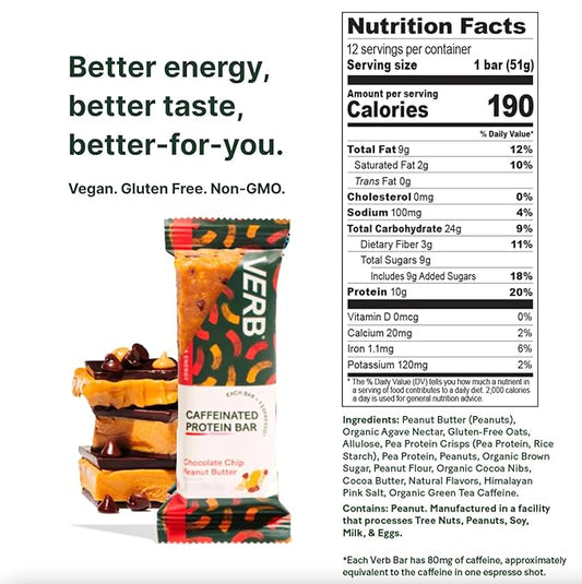 Verb Energy - Caffeinated Protein Bars Chocolate Chip Peanut Butter 10g Plant Based Protein Bars High Protein - Vegan Snack - Gluten Free Breakfast Snack with Organic Green Tea, 51g (Pack of 12)