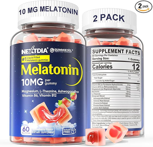 2 Pack Sugar Free Melatonin Gummies 10mg 20mg Magnesium Glycinate Melatonin for Adults, Ashwagandha, L-Theanine, B6, B12, Lemon Balm and Chamomile for Deep Relaxation, Antioxidant, Vegan,120 Day