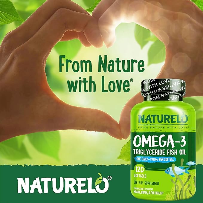 NATURELO Burpless Omega 3 Fish Oil Supplement - 1100mg Triglyceride Omega-3, EPA + DHA, Liquid Fish Oil for Heart, Eye, Brain, Joint Health - 120 Softgels, 4 Months Supply