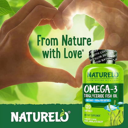 NATURELO Burpless Omega 3 Fish Oil Supplement - 1100mg Triglyceride Omega-3, EPA + DHA, Liquid Fish Oil for Heart, Eye, Brain, Joint Health - 120 Softgels, 4 Months Supply
