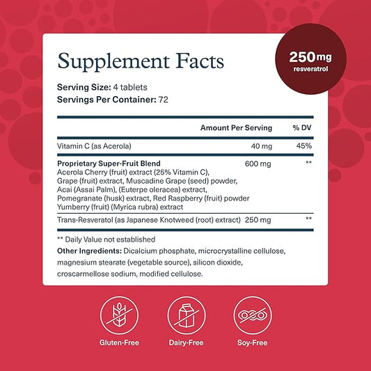 Youtheory Resveratrol Advanced Antioxidant Formula - Premium Antioxidant Supplement with Super-Fruit Blend - Contains ResVida - Dairy, Soy & Gluten Free - 290 Tablets
