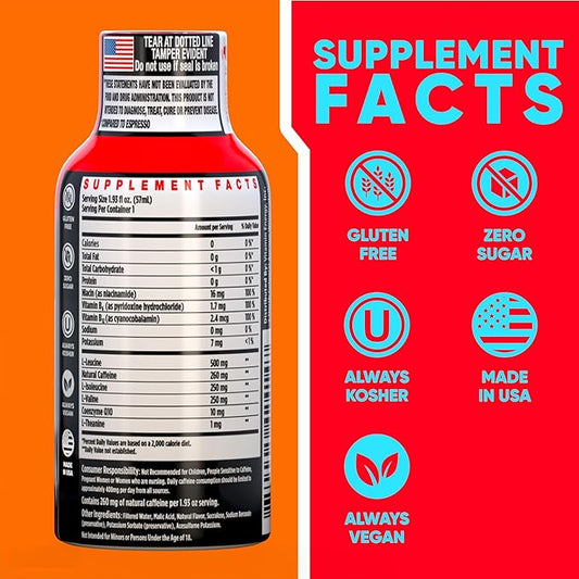 Vitamin Energy Focus+ Extra Strength Energy Shot Mango 12 Pack, 260mg Natural Caffeine, B-Vitamins, CoQ10, Amino Acids, Focus, Productivity & Clarity, Zero Sugar, Gluten-Free, 1.93 fl oz