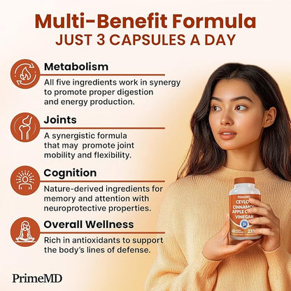 5-in-1 Ceylon Cinnamon Capsules 2355mg - Ceylon Cinnamon and Apple Cider Vinegar with Turmeric, Panax Ginseng, Cinnamon, and Bioperine, 60ct