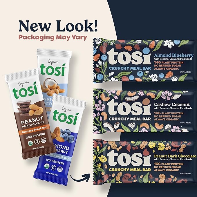 Tosi Peanut Butter & Jelly Protein Bars, Plant Based with Nuts, Gluten-Free Crunchy Snacks, Vegan, Organic, Flax & Chia Seeds, Soy-Free, Omega 3s, 7G Protein, 1 oz, 12-Pack