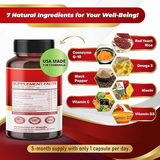 Ultra Red Yeast Rice with CoQ10, Omega 3 Niacin, Vitamin D3 for Overall Well-Being, Immune System Support - USA Made & Tested (150 Count (Pack of 1))