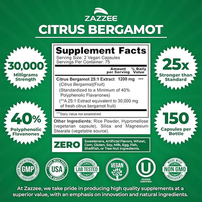 Zazzee Citrus Bergamot 25:1 Extract 1200 mg, 40% Polyphenolic Flavanones, 150 Vegan Capsules, Kosher, Concentrated and Standardized 25X Potency, Non-GMO and All-Natural, Made in The USA