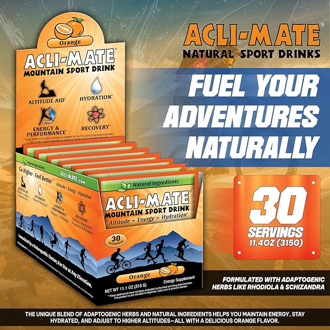 Acli-Mate Mountain Sport Drink Mix - Energy Powder Supplement - High Altitude Acclimatization Hydration - Recovery Drink for Running, Cycling, Hiking, Workout, Skiing, Travel & More (30 CT, Orange)