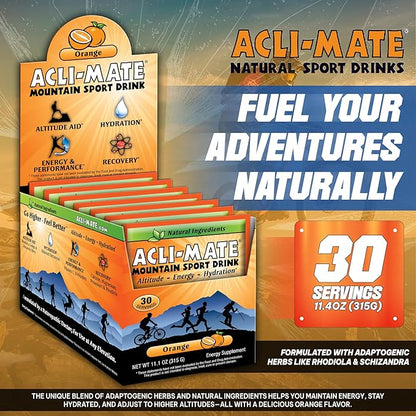 Acli-Mate Mountain Sport Drink Mix - Energy Powder Supplement - High Altitude Acclimatization Hydration - Recovery Drink for Running, Cycling, Hiking, Workout, Skiing, Travel & More (30 CT, Orange)