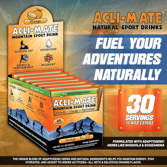 Acli-Mate Mountain Sport Drink Mix - Energy Powder Supplement - High Altitude Acclimatization Hydration - Recovery Drink for Running, Cycling, Hiking, Workout, Skiing, Travel & More (30 CT, Orange)