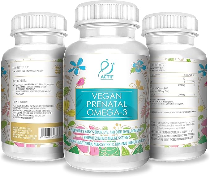Actif Organic Vegan Prenatal Omega-3 with High Strength Algae Oil Formula, 100% Natural, Gluten-Free, Non-GMO, 90 Count