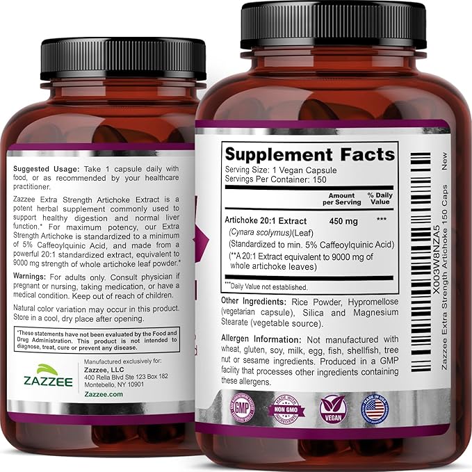 Zazzee Extra Strength Artichoke 20:1 Extract, 9000 mg Strength, 5% Caffeoylquinic Acid, 150 Vegan Capsules, 5 Month Supply, Concentrated and Standardized 20X Extract, Non-GMO and All-Natural