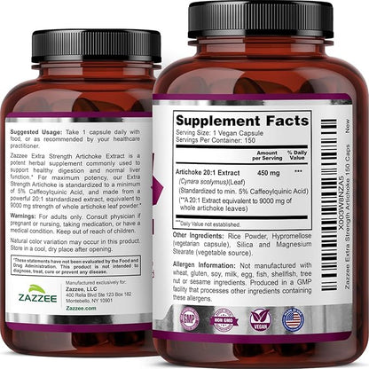 Zazzee Extra Strength Artichoke 20:1 Extract, 9000 mg Strength, 5% Caffeoylquinic Acid, 150 Vegan Capsules, 5 Month Supply, Concentrated and Standardized 20X Extract, Non-GMO and All-Natural