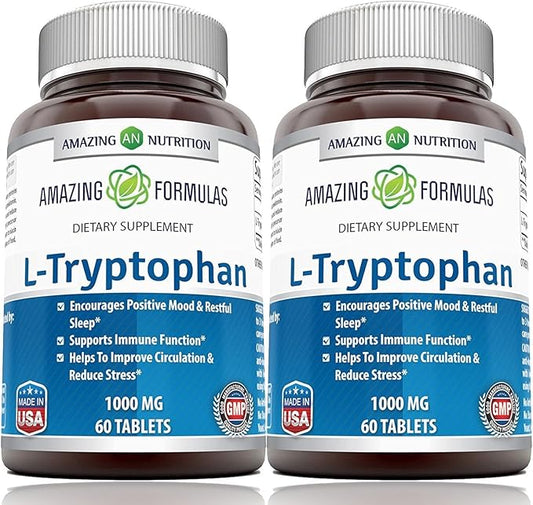 Amazing Formulas L-Tryptophan 1000mg Tablets Supplement | Non-GMO | Gluten Free | Made in USA (60 Count | 2 Pack)