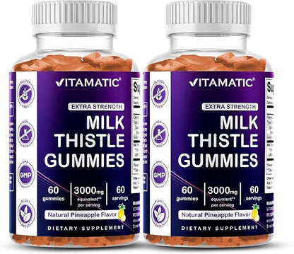 Vitamatic 2 Pack Milk Thistle Gummies- 10000 mg Equivalent Per Serving (from 50:1 Extract 200 mg)- Liver Detox & Anti Oxidant Health - Min. 80% Silymarin Flavonoids - 60 Pectin Based Gummies