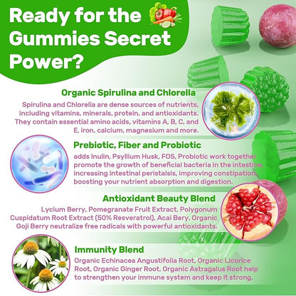 Super Greens Gummies, Greens Superfood Powder Alternative w/Spirulina, Chlorella, Prebiotic Fiber, Probiotic, Fruit Veggie, Daily Fruit Vegetable for Digestive & Gut Health, Immunity, Focus, 120 Cts