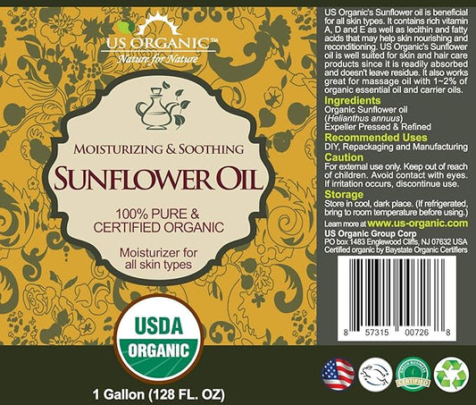 US Organic Sunflower Carrier Oil Bulk Pack, USDA Certified Organic,100% Pure & Natural, Expeller Pressed, for Massage, Aromatherapy or Small Manufacturing, 1 Gallon (128 Ounce)