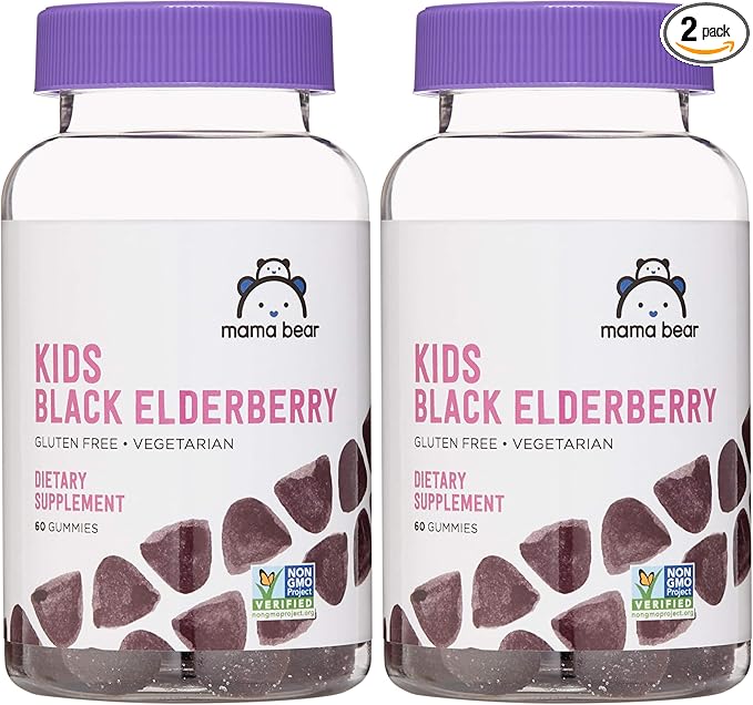 Amazon Brand - Mama Bear Vegetarian Kids Black Elderberry Gummies 300 mg with Vitamins C, D, E and Zinc, Immune System Support, 60 Count (1 to 2 Month Supply), Non-GMO, Gluten Free (Pack of 2)