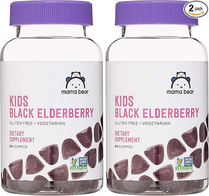 Amazon Brand - Mama Bear Vegetarian Kids Black Elderberry Gummies 300 mg with Vitamins C, D, E and Zinc, Immune System Support, 60 Count (1 to 2 Month Supply), Non-GMO, Gluten Free (Pack of 2)