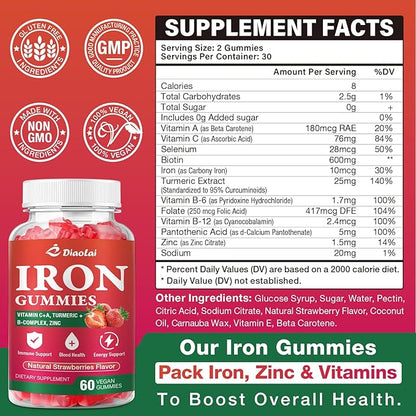 Vegan Iron Gummies - High Potency Iron Supplement for Women & Men - Supports Energy & Immune Health - Strawberry Flavor (60 Count)