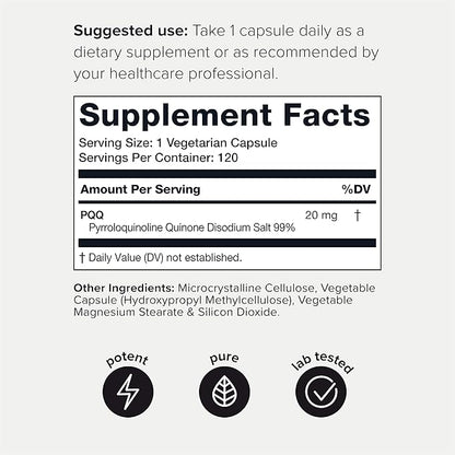 Toniiq 99%+ 20mg Supplement - Ultra High Purity PQQ 20mg Concentrated Formula - PQQ 20 mg 120 Capsules - Pyrroloquinoline Quinone Supplement - 1 Capsule Serving - Vegetarian Capsules