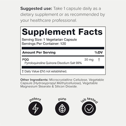Toniiq 99%+ 20mg Supplement - Ultra High Purity PQQ 20mg Concentrated Formula - PQQ 20 mg 120 Capsules - Pyrroloquinoline Quinone Supplement - 1 Capsule Serving - Vegetarian Capsules