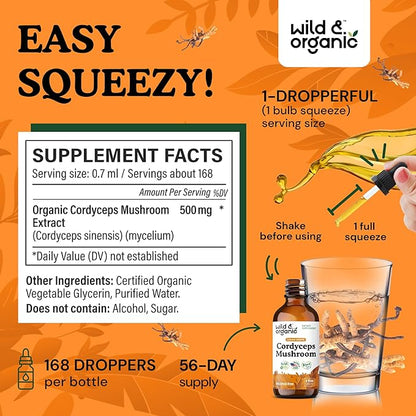 Wild & Organic Cordyceps Tincture - Cordyceps Sinensis Mushroom Extract for Immune & Energy Support - Liquid Mushroom Supplement - Vegan, Sugar & Alcohol-Free Drops - 4 fl oz