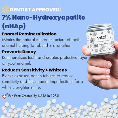 Vital Toothpaste Tabs with Nano-Hydroxyapatite | Naturally Whitens + Remineralizes Teeth | Fluoride & Plastic Free | Combats Sensitivity | Travel & Eco Friendly | Charcoal Mint | 248 Tablets (4 Month)