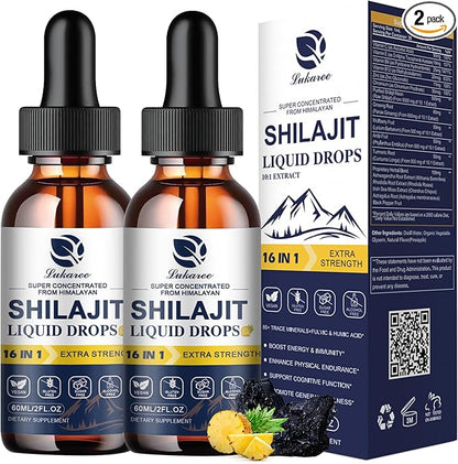 (2 Pack) 16-in-1 Himalayan Shilajit Drops for Men and Women, Ashwagandha, Ginseng, Turmeric, Rhodiola, Amla, Sea Moss, Liquid Vitamin Supplement with 85+ Trace Minerals and Fulvic Acid, 2 FL Oz