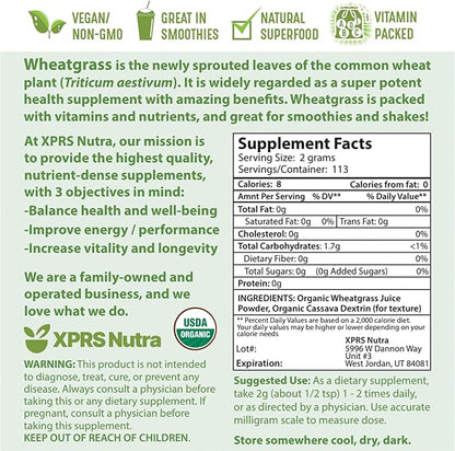 XPRS Nutra Organic Wheatgrass Juice Powder - Sustainably Grown - Instant Wheat Grass Juice Powder Made from Concentrated Juice - More Potent Than Organic Wheatgrass Powder - 8 Ounce