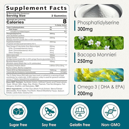 Phosphatidylserine - Nootropic Brian Supplement, Focus & Energy Gummies+ Bacopa Monnieri, Omega 3, Huperzine A, Methyl B12 & B6 for Seniors, Gamers, Workers, Non-GMO, Caffeine-Free, Sugar Free, 2 Pack
