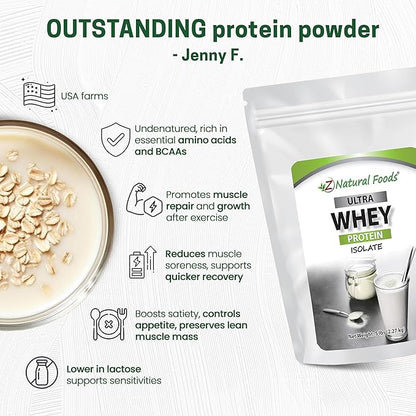 Z Natural Foods Ultra Whey Protein Isolate Powder - Pure, Unflavored, Unsweetened Whey Protein Powder - Flavorless Whey Isolate with Vital Proteins for Fitness, Sports Nutrition, Immune Support, 5 lb