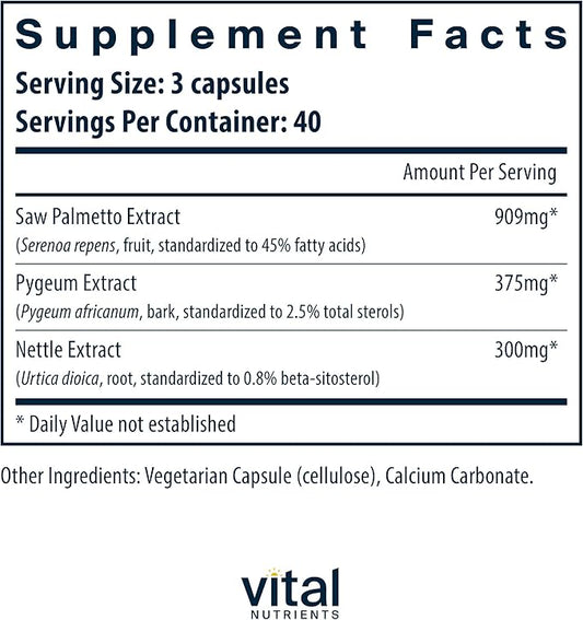 Vital Nutrients Saw Palmetto with Pygeum & Nettle Root - Vegan Saw Palmetto for Men Supports Healthy Prostate Function* - Gluten, Dairy, Soy Free - 120 Capsules