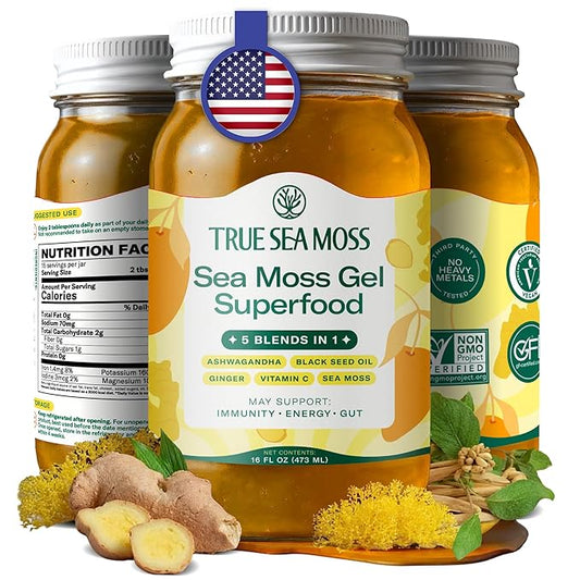 TrueSeaMoss Sea Moss Gel – Made in USA – 5-in-1 Formula – Wildcrafted Seamoss, Ashwagandha & Sea Vegetables – Ashwagandha, Pack of 1 (Labels May Vary)