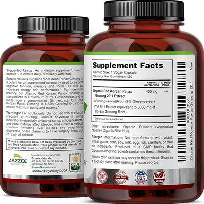 Zazzee USDA Organic Red Korean Panax Ginseng 20:1 Extract, 1000 mg, 5% Ginsenosides, 120 Vegan Capsules, Standardized and Concentrated 20X Root Extract, 100% Vegetarian, All-Natural, Made in The USA
