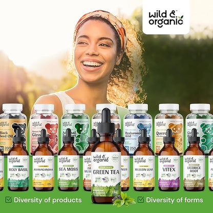Wild & Organic Green Tea Extract Liquid Drops - Antioxidant Supplement - Natural Green Tea Supplements w/Camelia Sinensis - Vegan, Sugar & Alcohol-Free Tincture - 2 fl oz