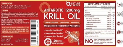 NATURE TARGET Krill Oil 1200mg with Omega-3 EPA & DHA with Astaxanthin, Phospholipids & Choline - Supports Heart, Brain, Join Health, Non-GMO, Gluten Free, 120 Softgels (60 Servings)