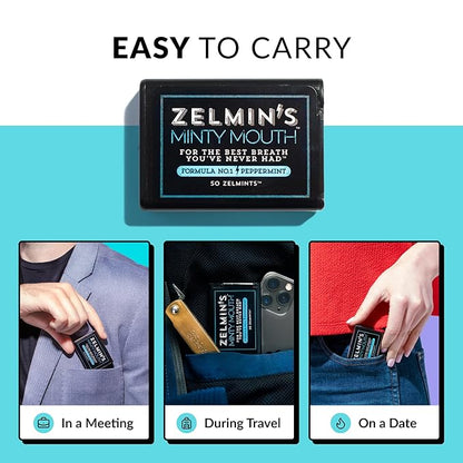 Zelmin's Minty Mouth Breath Freshener - (12 Pack) Long Lasting Bad Breath Treatment for Adults, Instant Freshness Helps with Dry Mouth, Natural Breath Mints for Travel, Alcohol-Free, Keto, Gluten-Free