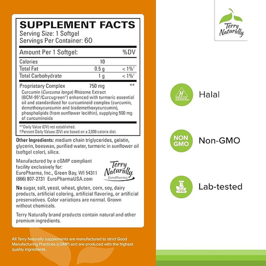 Terry Naturally CuraMed 750 mg - Antioxidant Supplement for Brain & Heart Health Support - Supplement with High-Potency Curcumin Complex - Kidney, Liver & Immune Health Support - 60 Softgels (1 Pack)