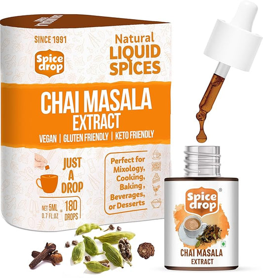 Spice Drop Chai Masala Extract - Tea, Coffee, Latte - Premium Quality & Rich Aroma, Authentic Indian Spices Blend Extract With No Added Color or Preservative, Unsweetened, Non GMO, Vegan, Gluten Free - 0.17 Oz - Upto 180 Cups (Pack Of 1)