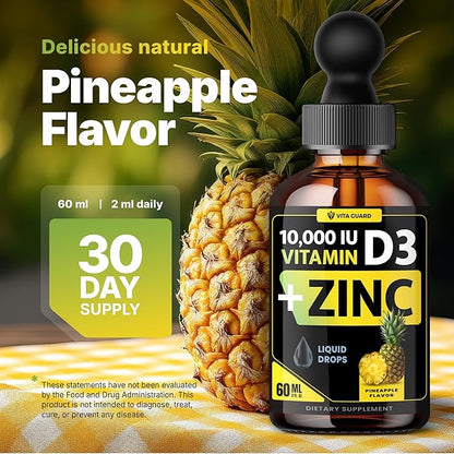 Vitamin D3 Drops with Zinc – 10,000 IU D3 & 15 mg Zinc Liquid Supplement – Immune Support for Men & Women – Sugar-Free Pineapple Flavor – 30-Day Supply