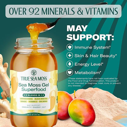 TrueSeaMoss Sea Moss Gel – Made in USA – 5-in-1 Formula – Wildcrafted Seamoss, Ashwagandha & Sea Vegetables – Ashwagandha, Pack of 3 (Labels may Vary)