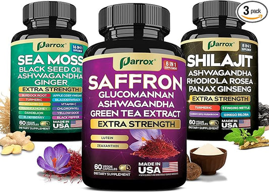Vision Vitality Trio - Sea Moss, Black Seed Oil, Ashwagandha, Burdock Root, Saffron, Lutein, Zeaxanthin, Glucomannan, Green Tea Extract, Panax Ginseng, Ginkgo Biloba, Rhodiola Rosea, Turmeric